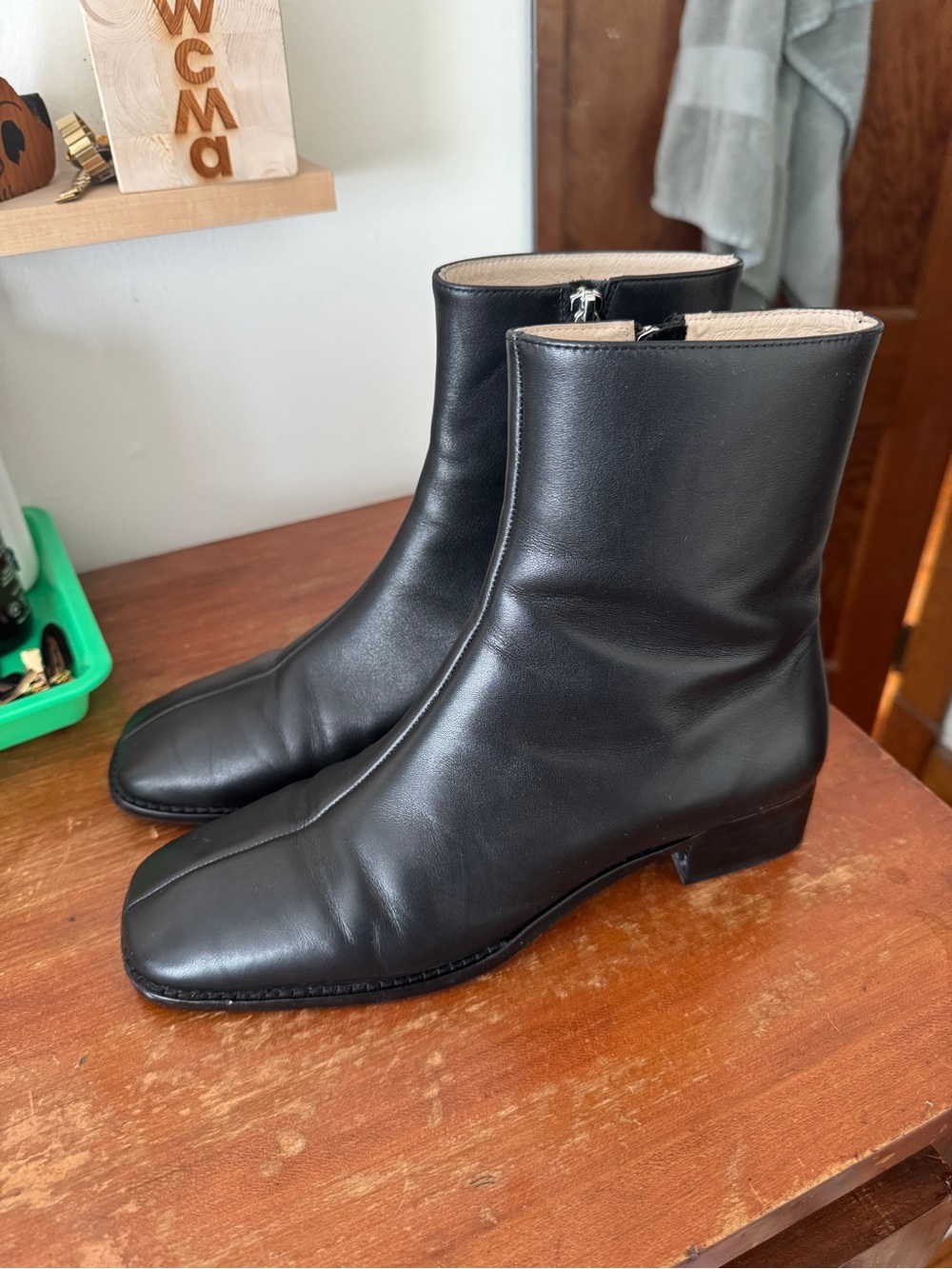 INTENTIONALLY BLANK Black Leather Square-Toe Ankle Boots